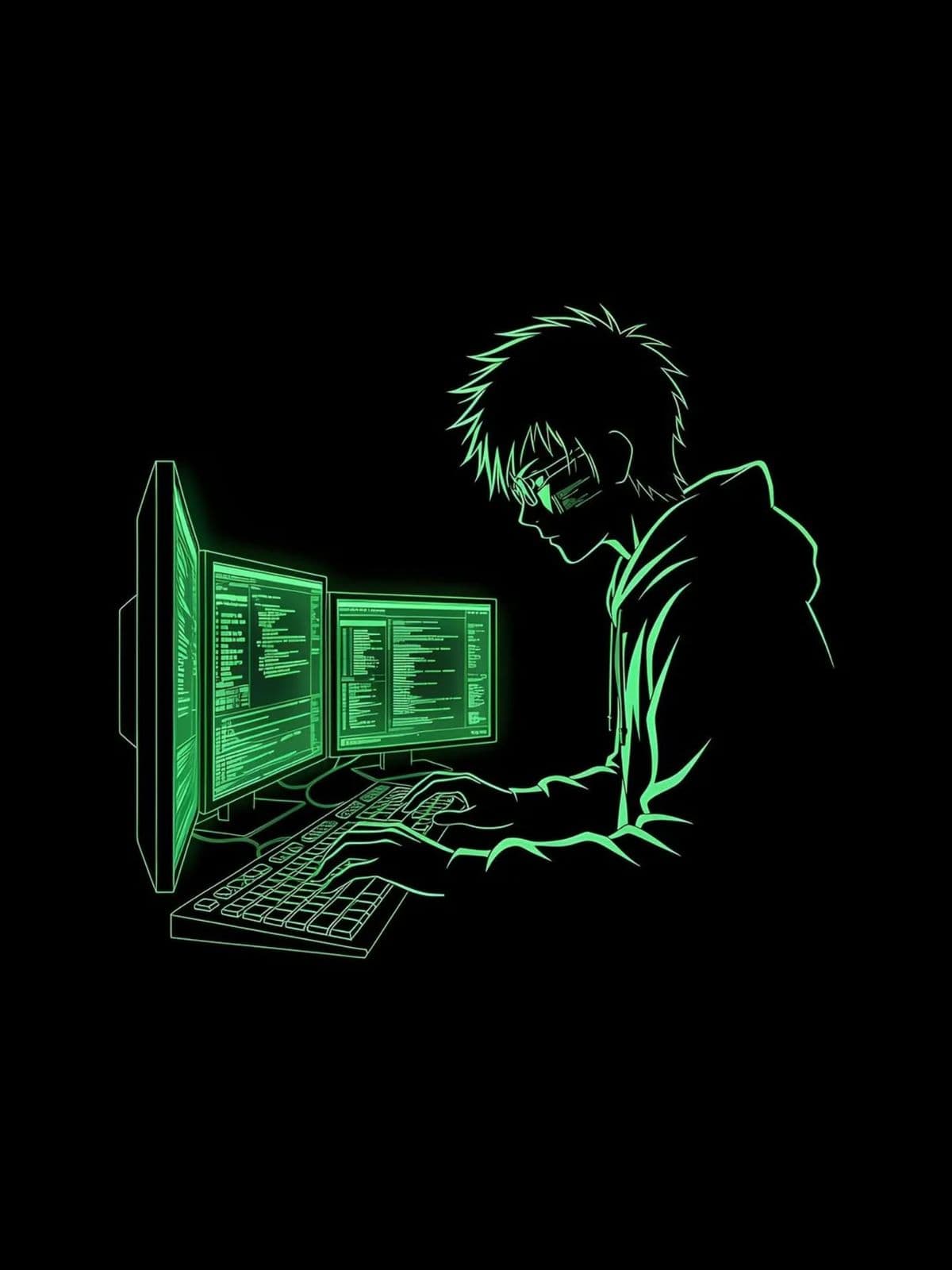 Line-art illustration of a developer coding at a dual-monitor setup